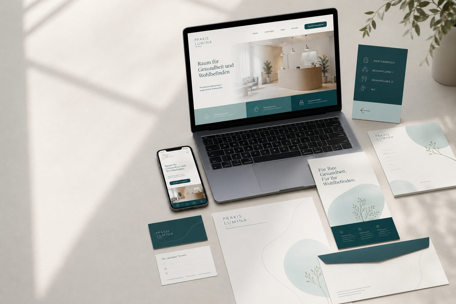 Coordinated medical practice identity with website, appointment cards, prescription pad and signage