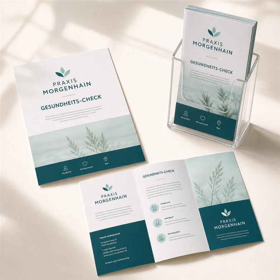 Designkonzept: Patientenflyer und gefaltete Gesundheits-Check-Broschüre für die Praxis Morgenhain.