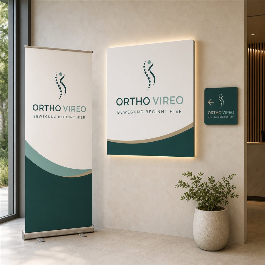 Designkonzept: Roll-up, beleuchtetes Praxisschild und Wegeleitschild für Ortho Vireo.