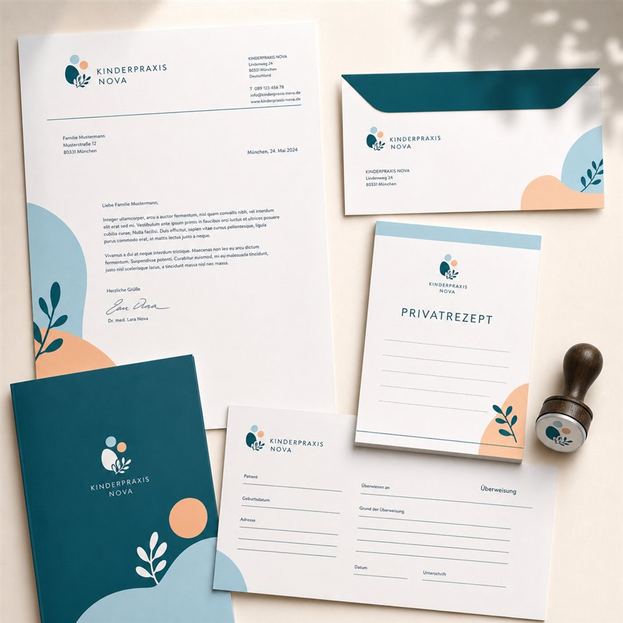 Designkonzept: Briefpapier, Briefumschlag, Privatrezept und Praxisformulare für die Kinderpraxis Nova.