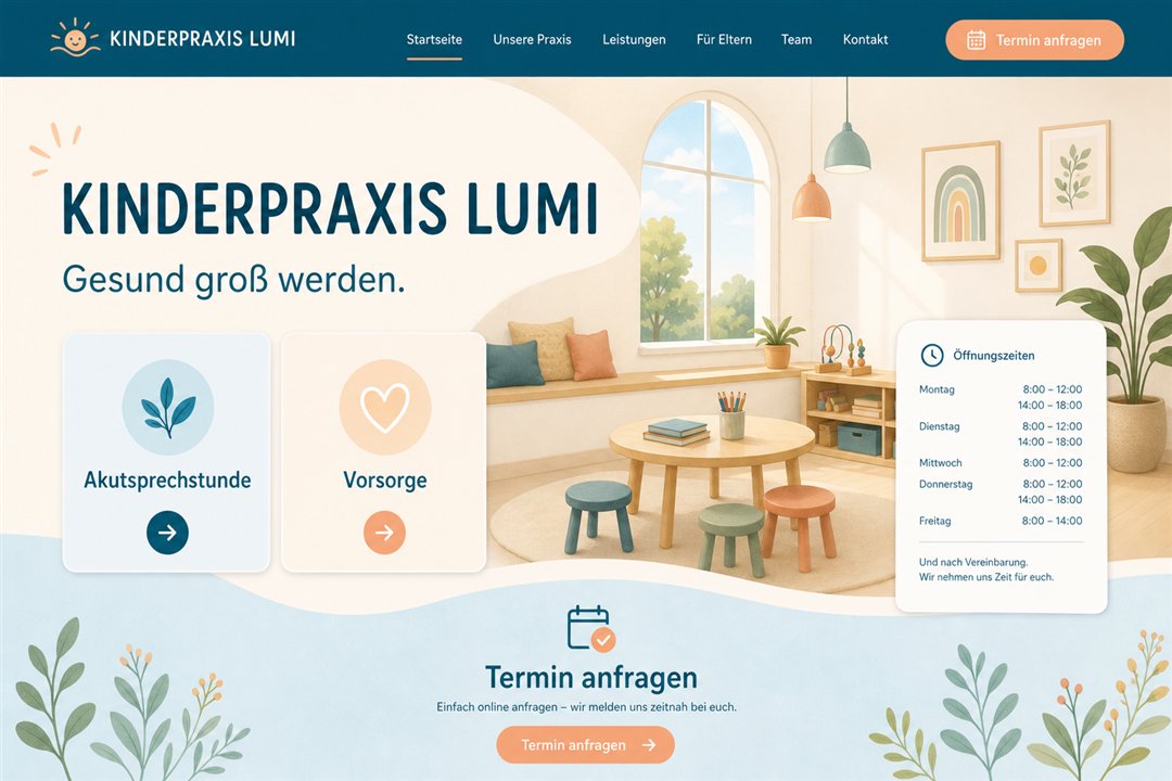 Website-Designkonzept einer Kinderarztpraxis mit Akutsprechstunde, Vorsorge und Terminzugang.