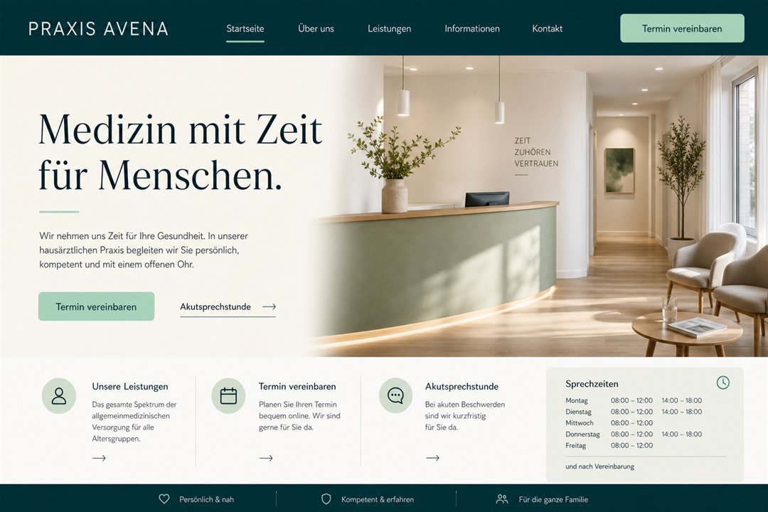 Website-Designkonzept für die Praxis Avena mit Terminzugang, Akutsprechstunde und Öffnungszeiten.