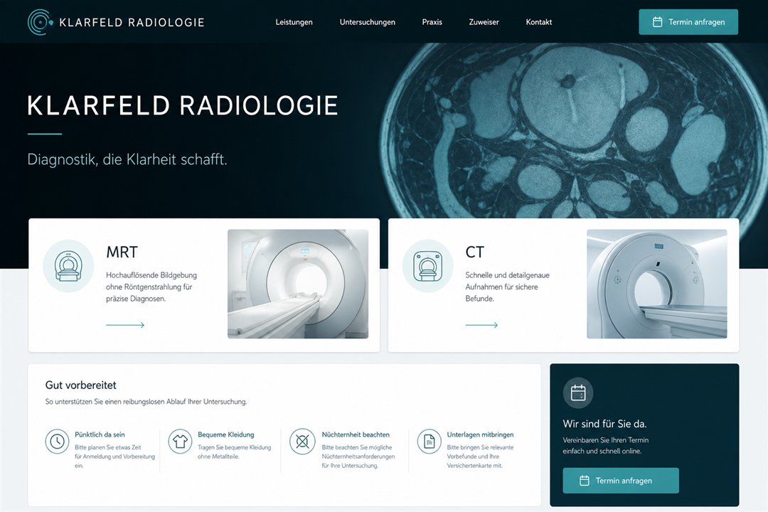 Designkonzept eines Radiologie-Webauftritts mit Informationen zu MRT und CT sowie Terminanfrage.